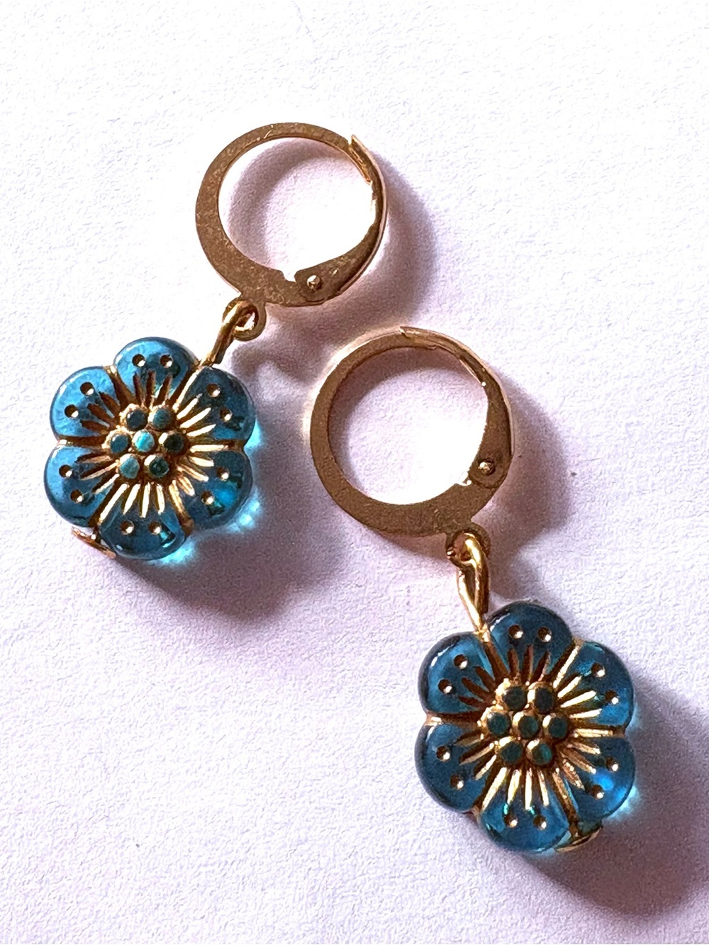 Gold Hoop Earrings with Blue Floral Drops, new